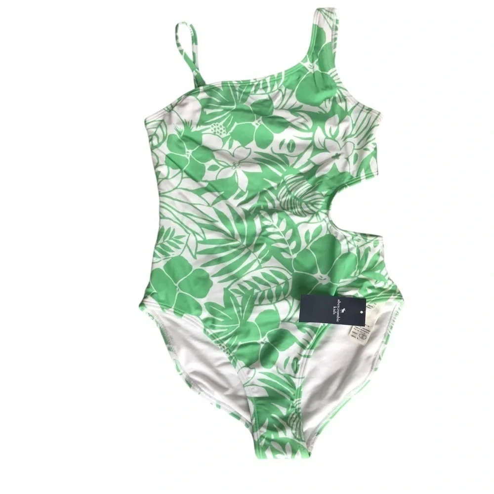 Abercrombie Kids Green Floral One-Shoulder Swimsuit 11/12